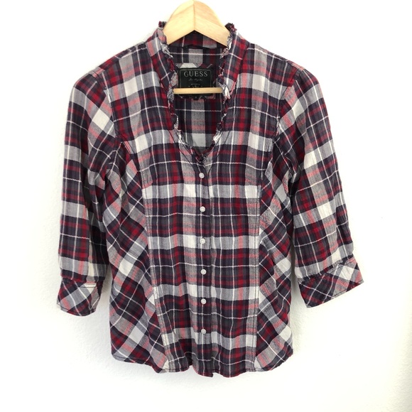 Guess Tops - Guess Plaid V-Neck Button Down Shirt - M